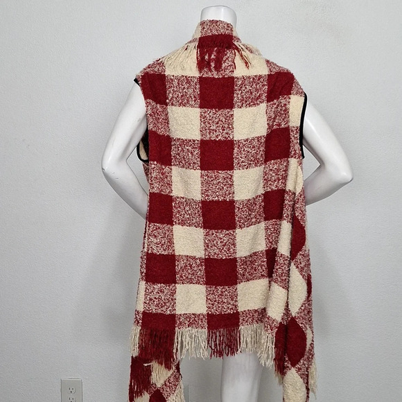 Red & Cream Cowgirl Fringe Plaid Open Front Western Cozy Sweater Vest One Size - Picture 5 of 8